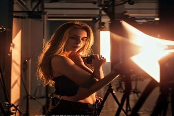 专业摄影师在现代化摄影棚内为美女模特进行写真拍摄，灯光柔和温暖，画面精致优雅，与美女露胸写真专题高度相关